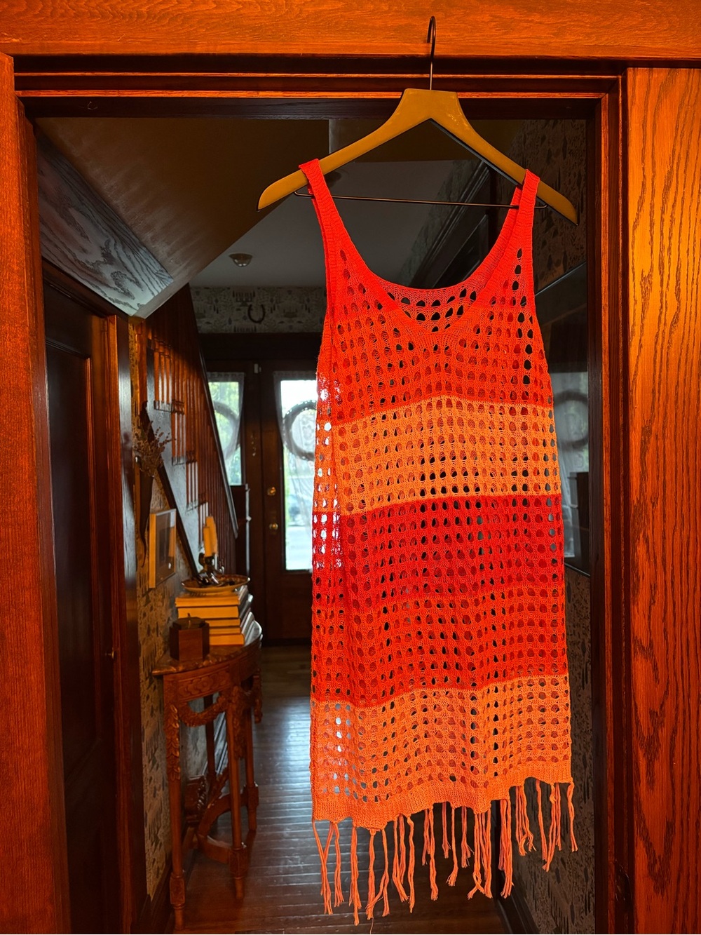 Orange/Red Striped Crochet Swimsuit Cover with Fringe